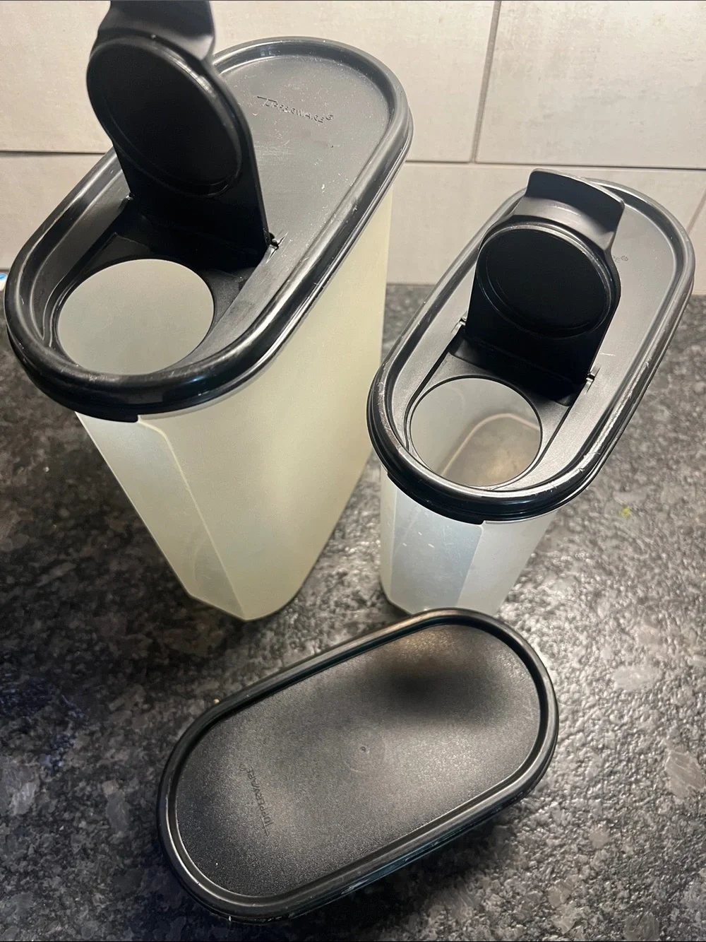 Set of 3 BLACK LID TUPPERWARE MODULAR MATES. Flip lids. Stacking. Pantry storage